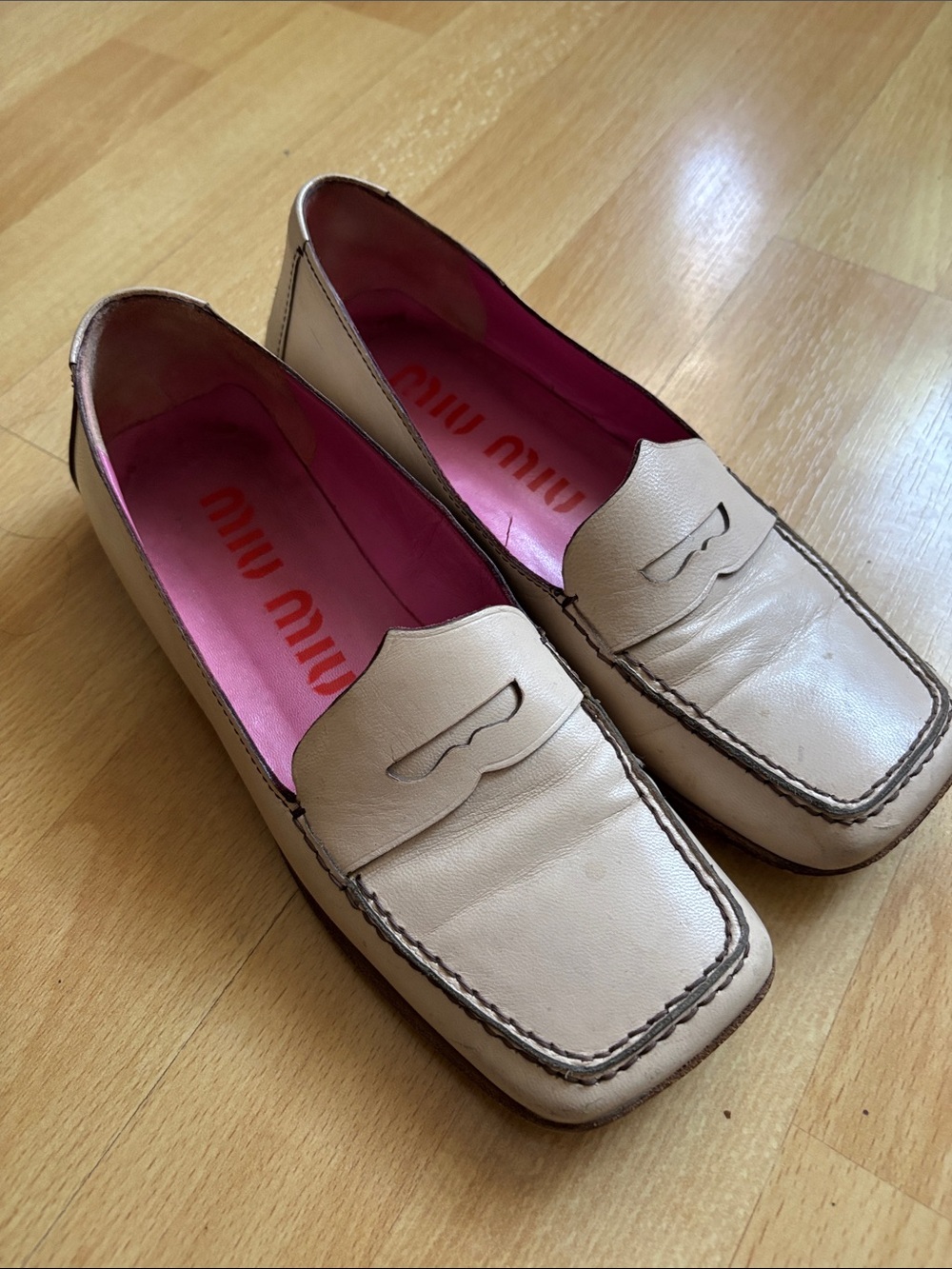 Miu Miu Cream Leather Penny Loafers with Pink Insole